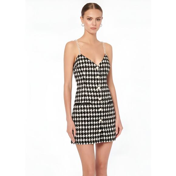 Cami Nyc Magaly Pearl Rhinestone Wool Blend Tweed Mini Dress Black White Size 10 - Picture 1 of 10
